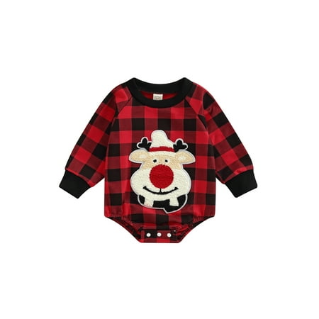 

Gwiyeopda Christmas Baby Girls Plaid Romper Red Long Sleeve Elk/Santa Claus Print Romper 0-18 Months