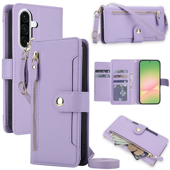 Dteck Crossbody Wallet Case for Samsung Galaxy A26 5G RFID Blocking 7-Card Holder Soft PU Leather Magnetic Snap Zipper Pocket Phone Case,Purple