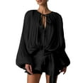 thumbnail image 2 of Elegant Ruffle Short Dress for Women Pleated Lantern Long Sleeve Lace Up Tie Waist Bohemian Beach Dresses Black S, 2 of 8