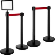 VEVOR Stanchion Post Barriers 4-Set Line Dividers, Stainless Steel Stanchions with 6.6’ Black Retractable Belts, Black Crowd Control Barriers with One Sign Frame, 34.6” Queue Safety Stanchions