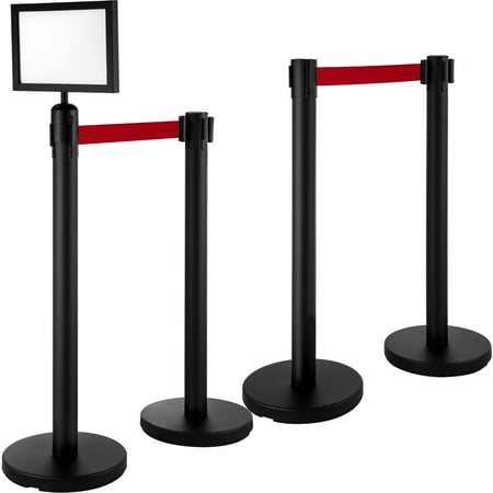 VEVOR Stanchion Post Barriers 4-Set Line Dividers, Stainless Steel Stanchions with 6.6’ Black Retractable Belts, Black Crowd Control Barriers with One Sign Frame, 34.6” Queue Safety Stanchions