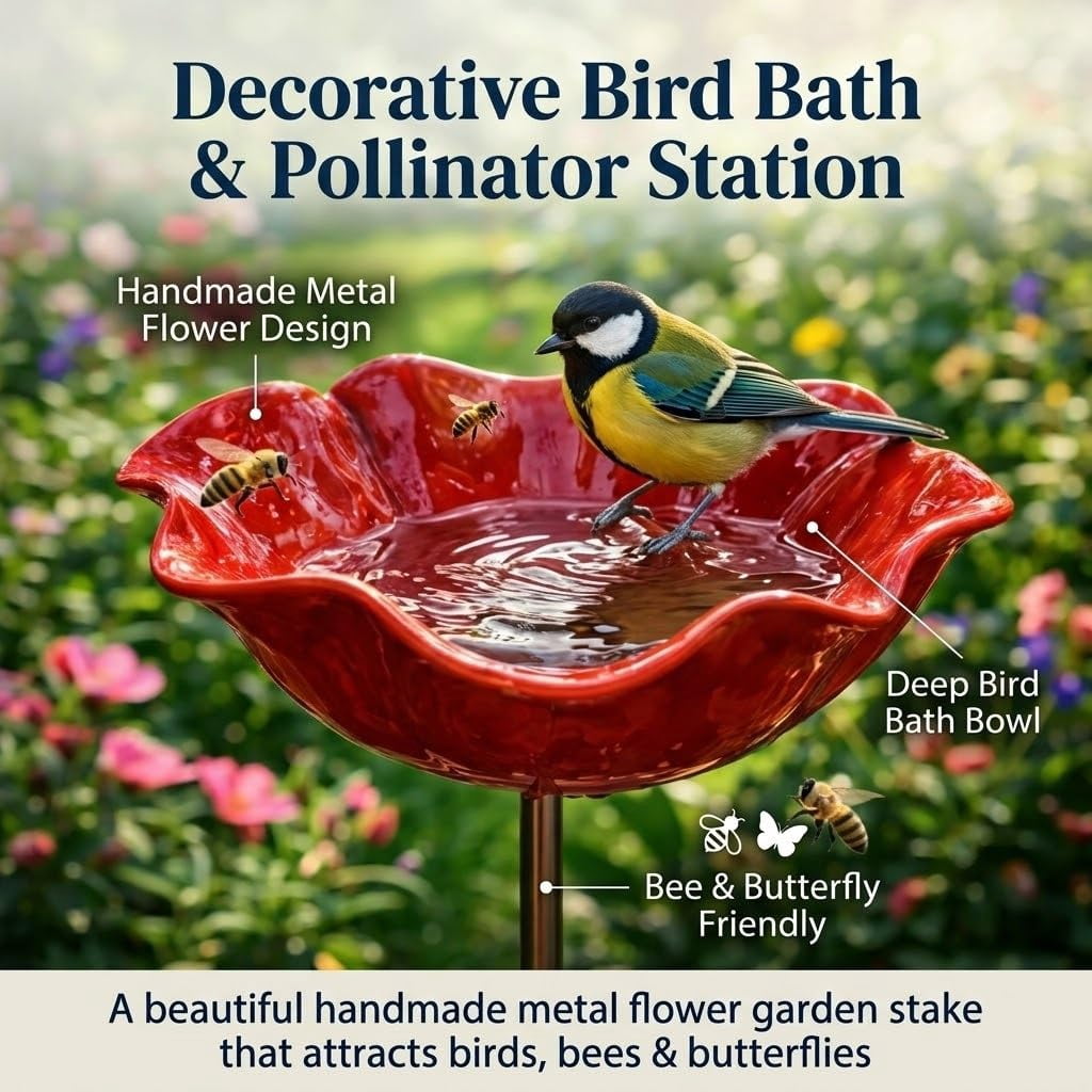 Handmade Metal Flower Garden Stake, Bird Bath Bowl and Bee Butterfly Watering Station for Outdoors, Hummingbird Bath Water Fountain Feeder Garden Yard Lawn Outside Decor