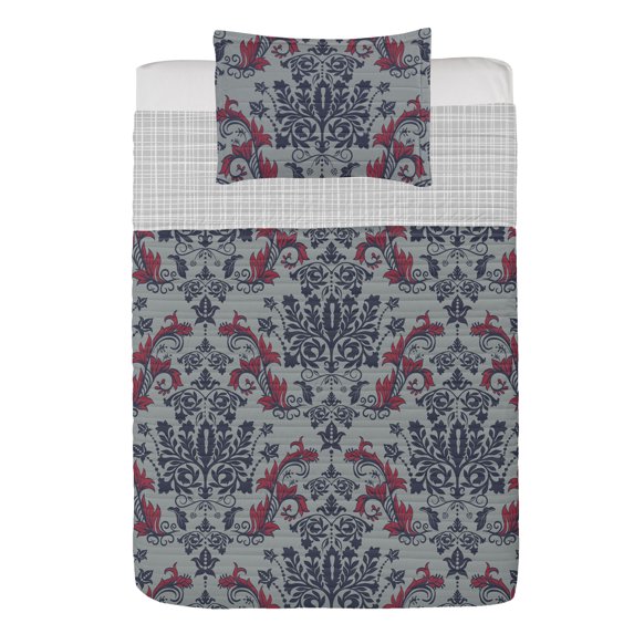 Vintage Reversible Bedspread Set, Floral Retro Style Blossoming Pattern Leaf Spiraling Entangled Design of Artwork, Pillow Shams & Comforter Microfiber Bedding Set, 3 Sizes, Dimgray Ruby, by Ambesonne