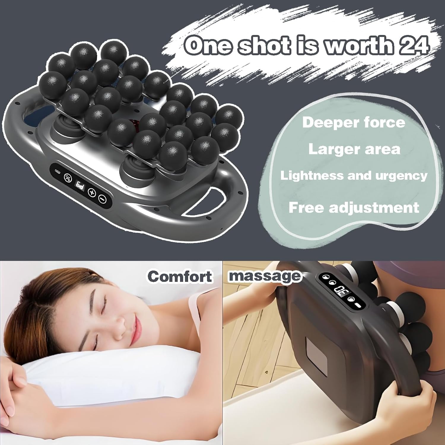 16-Drive 8-Head Massage Gun Set, 24 Head Deep Tissue Percussion Massager, 9 Levels & 9 Modes Hand-Held Quiet Muscle Massage for Back, Shoulders, Legs, Foot - Full Body Muscle Pain Relief,Gray
