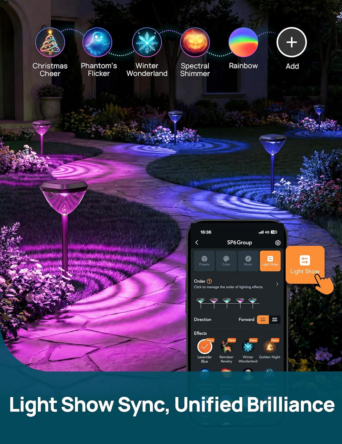 Linkind Smart Solar Pathway Lights SP6, in-App Pattern Switching Solar Lights Outdoor Waterproof, Solar & Wired Charging Color-Changing Landscape Lighting, Garden Decor for Yard, Patio (4 Pack)