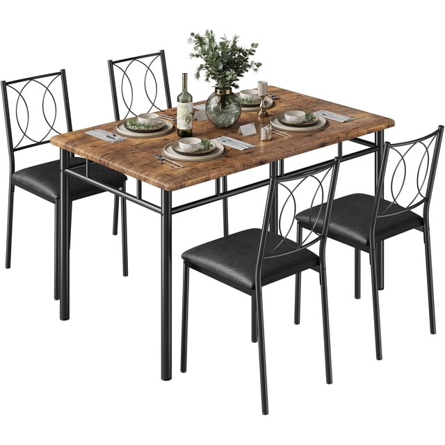 YUSAZENS 5 Piece Dining Set, Metal Frame Table & 4 Chairs, Compact Dinette Set for Kitchen Dining Room Small Apartment Brown