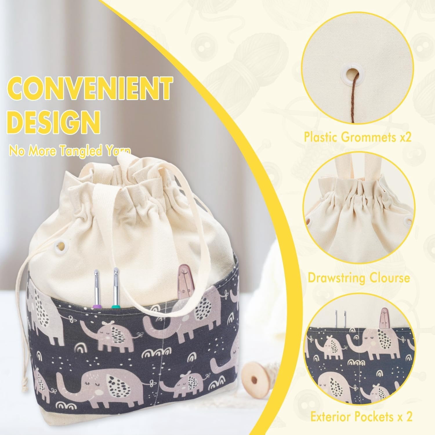 Crochet Bag, Handy Knitting Project Yarn Bag, Crochet Accessories Yarn Storage Organizer, Knitting Bags and Totes for Crocheting  The Go, 12x13x5'' (Gray Elephant, Small)