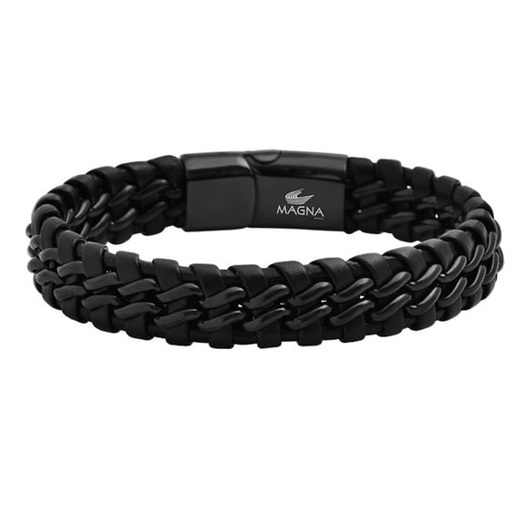 Magna Steel Men's Braided Genuine Leather Link Steel Chain Bracelet with Magnet Closure, Black