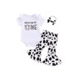 thumbnail image 2 of Aojekbee Baby Girl 1st Birthday Outfit Letter Print Short Sleeve Romper with Cow Pattern Flare Pants and Headband, 2 of 10