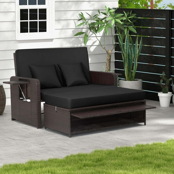 Costway Patio Rattan Loveseat Set Daybed Lounge Storage Ottoman Side Tables Adjust Black