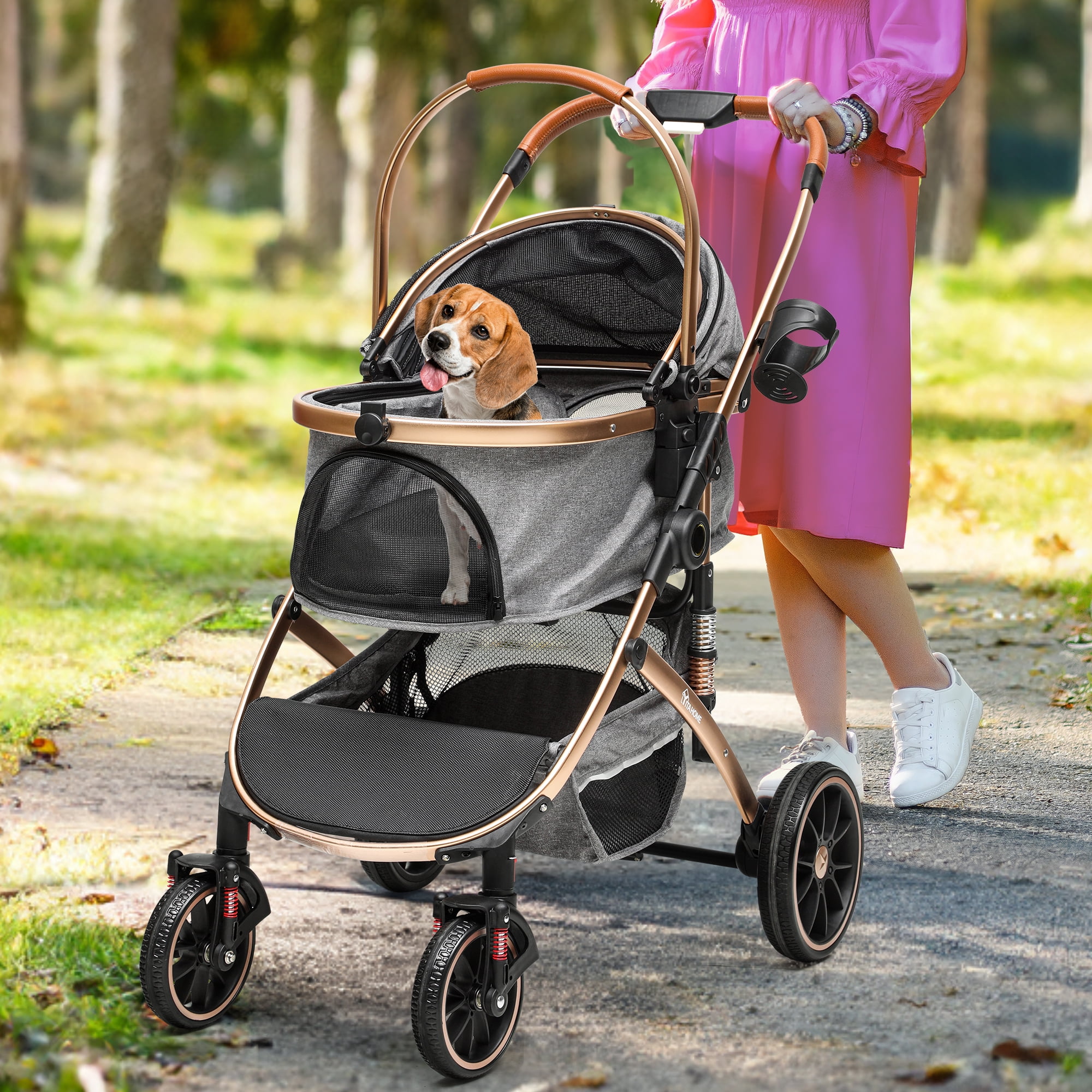 Dextrus 3-in-1 Dog Stroller with Detachable Storage Basket, Foldable Design & 360° Rotating Wheels – Ideal Pet Stroller for Small to Medium Dogs and Cats, Grey