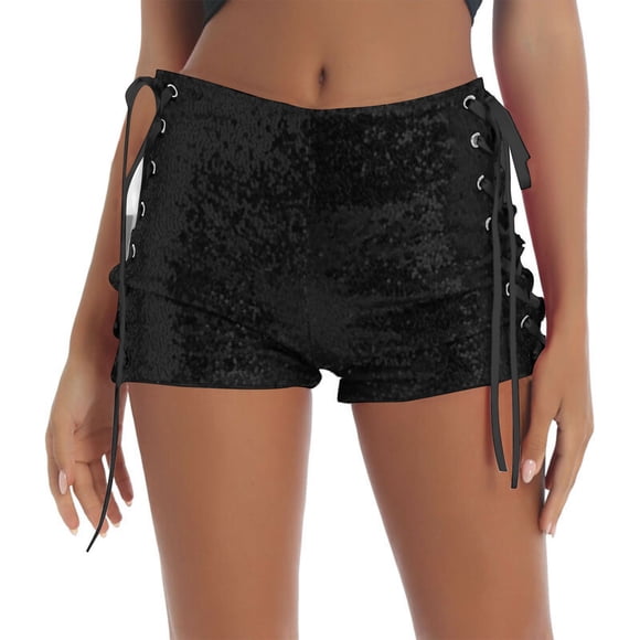 Soki Women Lace Up Low Waisted Mini Shorts Grommet Knot Side Skinny Sequin Hot Shorts