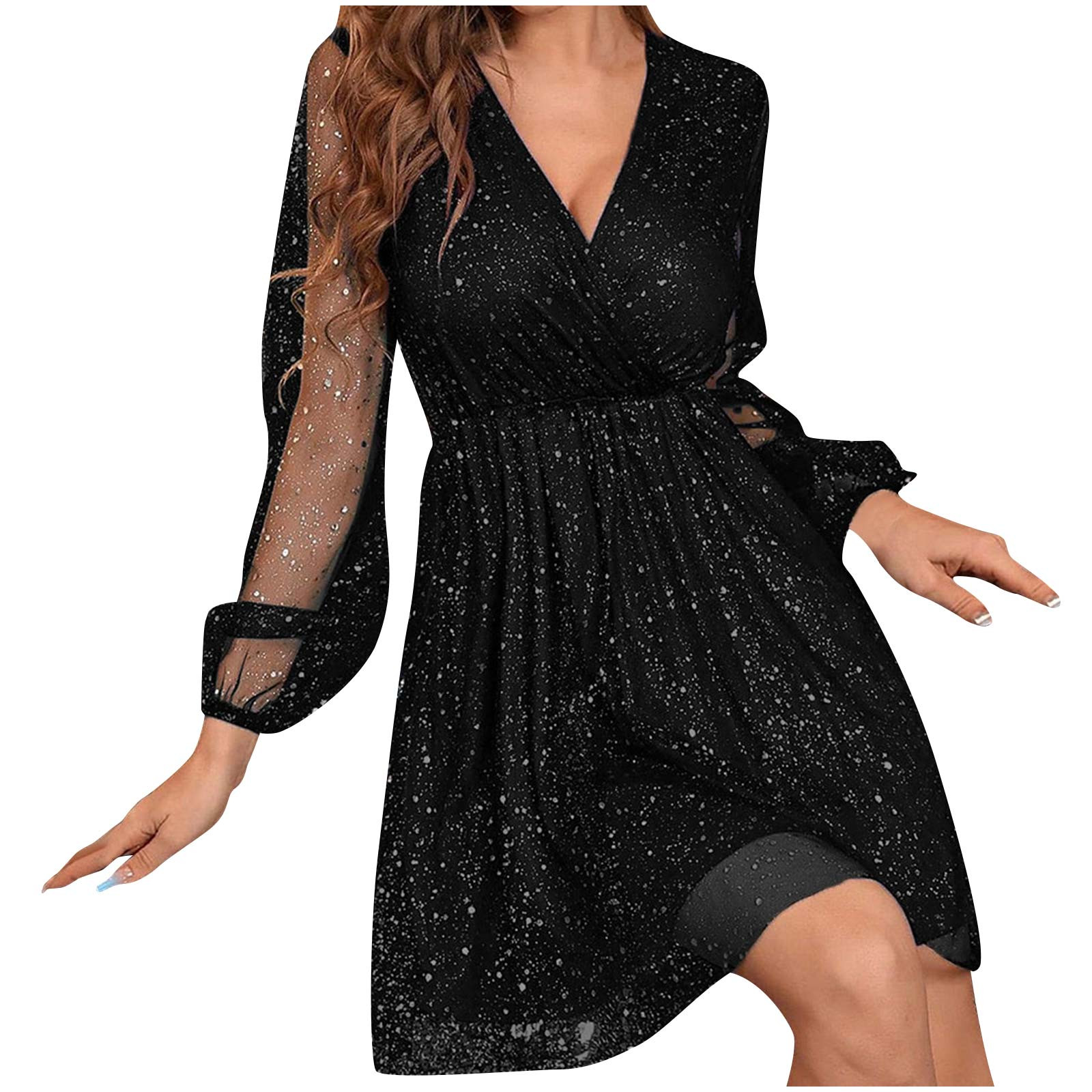 Women's Sequins Mini Dress Lantern Long Sleeve V Neck Mesh Splicing Glitter Cocktail Party Dress Short Dance Dress