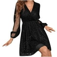 thumbnail image 4 of Women's Sequins Mini Dress Lantern Long Sleeve V Neck Mesh Splicing Glitter Cocktail Party Dress Short Dance Dress, 4 of 8
