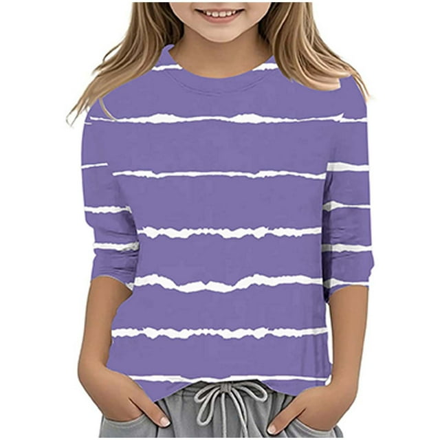 Splozh T-Shirt à Manches Longues pour Filles T-Shirt Décontracté à Col Rond à Manches Trois Quarts pour Tout-Petites T-Shirt Régulier Basique Haut à Manches 3/4 Violet, 8-9 Ans
