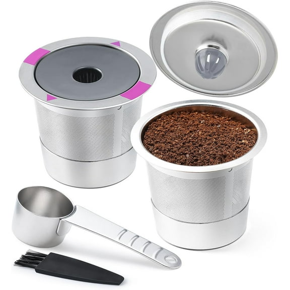 2 Pack Stianless Steel Reusable K Cup Coffee Pods Compatible for K eurig 1.0 & 2.0 Coffee Maker Refillable K-eurig Coffee Filter with A Stainless Steel Spoon