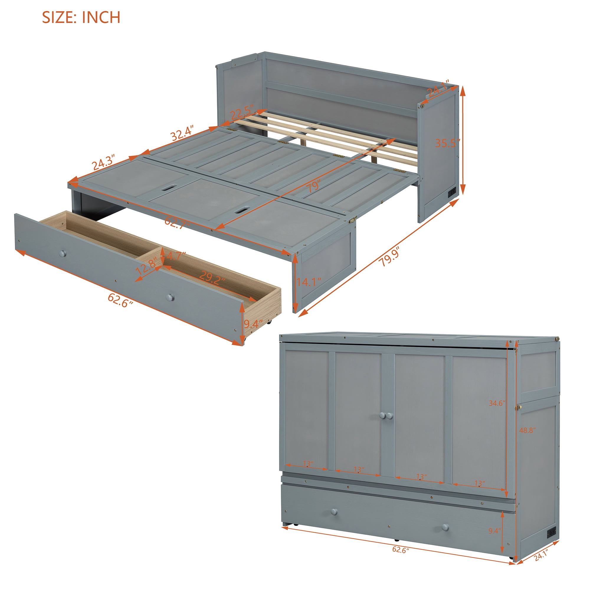 Aukfa Queen Size Murphy Bed with Charging Station, Cabinet Bed with Storage Drawers for Home/Office/Small Room, Queen Foldable Platform Bed, Gray