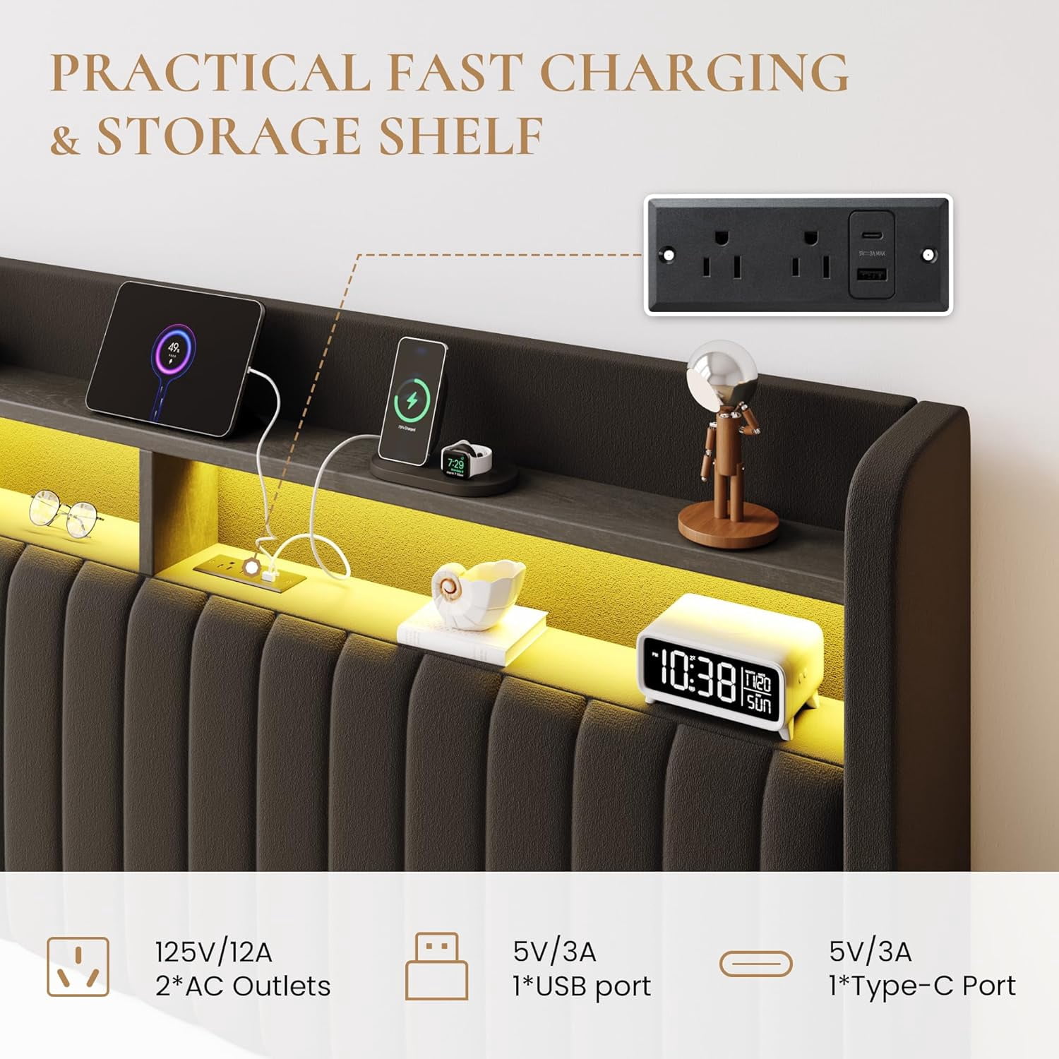 SHA CERLIN Full Size Lift Up Storage Bed Frame, LED Lights, Charging Station, 2-Tier Shelves Headboard, USB Type-C Ports, Velvet Upholstered, Hydraulic Support, Noise Free, Black