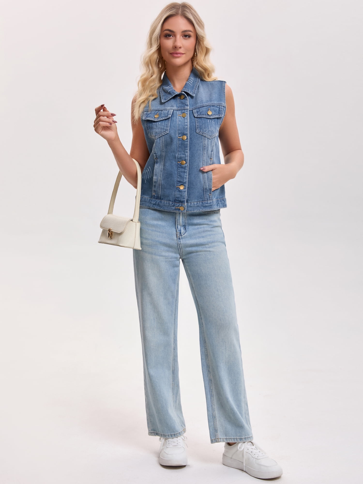 DARING DIVA Womens Denim Vest Button Down Jacket Sleeveless Jean Jacket M Blue