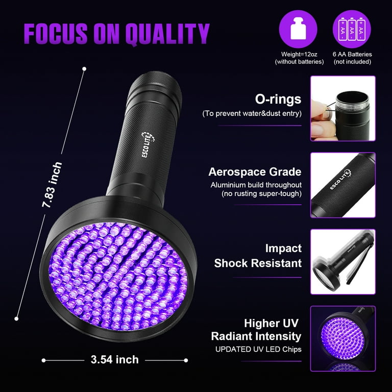 ESCO LITE Escolite UV Flashlight Black Light, 51 LED 395 nM Ultraviolet  Blacklight Detector for Dog Urine, Pet Stains and Bed Bug