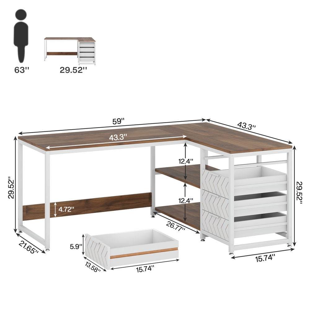 Spaco 59" L-Shaped Desk, Reversible Corner Desk with Drawers & Shelves,Desk for Indoor as Home, Office, Walnut