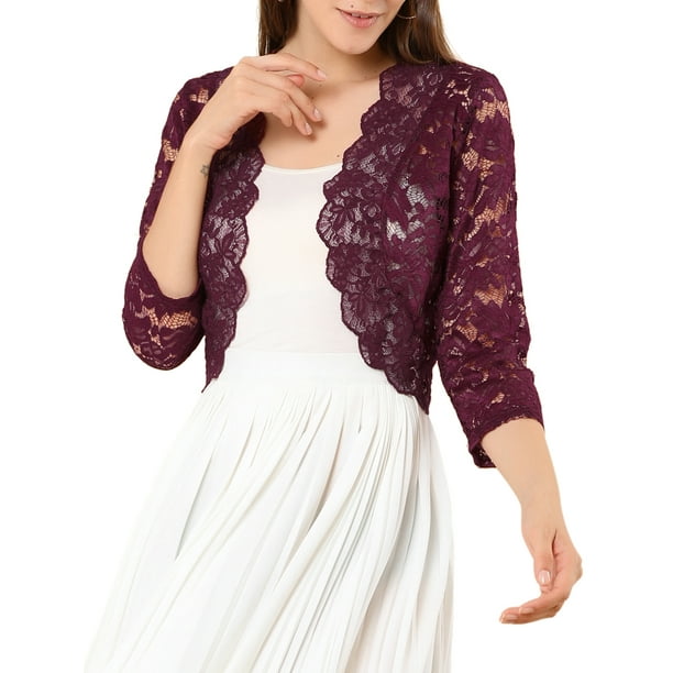 Inspire Chic Cárdigan de Encaje Floral para Mujeres con Mangas 3/4, Top Transparente, Burdeos, 2XL