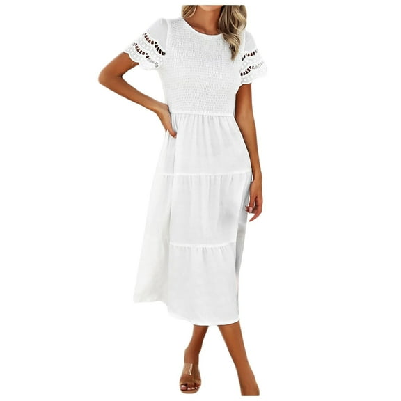 WENWU Women Summer Solid Color Casual Round Neck Short Sleeve Hollow Dress Beach Dresses for Women Long Maxi V Neck Dress for Women Summer