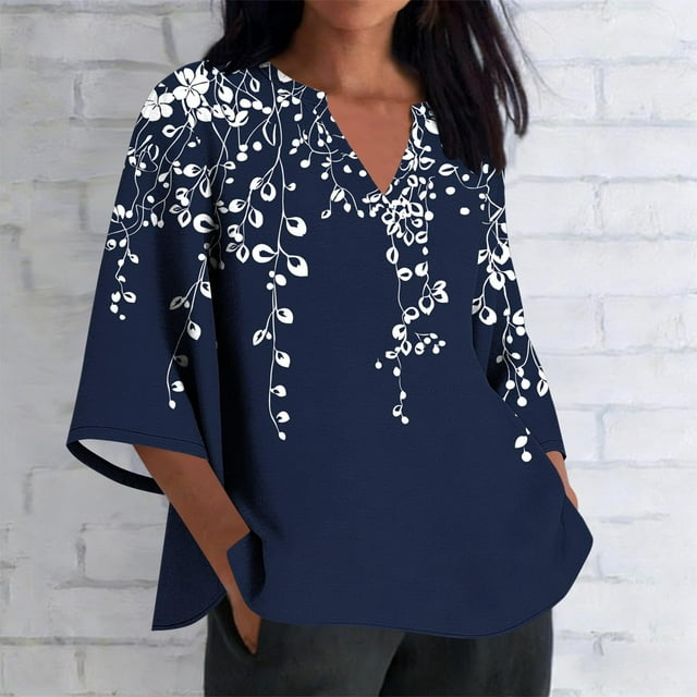 Xuyuer Women's 3/4 Length Sleeve Tops V Neck Casual Vacation Loose Fit S-5XL Ruffle Cuffs Shirts Dressy Flowy Tunic Tops Hawaiian Shirts Summer Floral Printed Shirt Casual Soft Tunic Tops