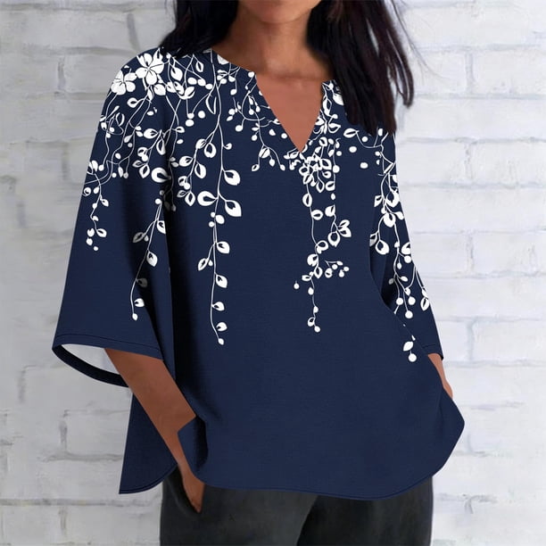 Xuyuer Women's 3/4 Length Sleeve Tops V Neck Casual Vacation Loose Fit S-5XL Ruffle Cuffs Shirts Dressy Flowy Tunic Tops Hawaiian Shirts Summer Floral Printed Shirt Casual Soft Tunic Tops