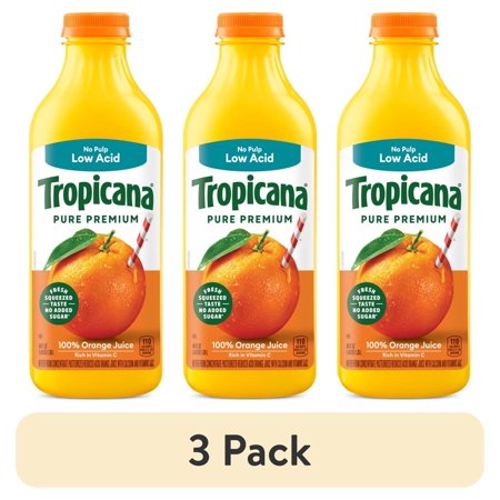 (3 pack) Tropicana Pure Premium 100% Orange Juice Original, No Pulp, Low Acid, 46 fl oz bottle