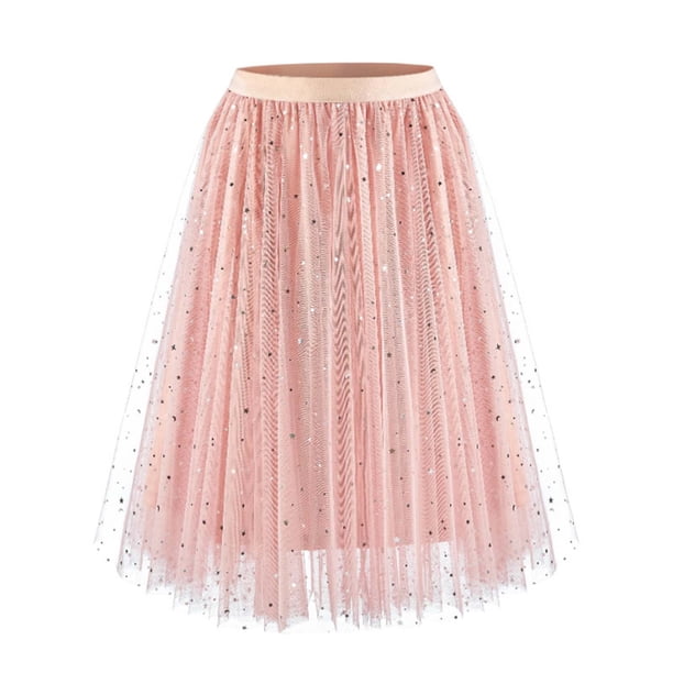 Faldas Largas para las Mujeres de Verano Estrella Impresión en Capas Torta Irregular Malla Lentejuelas Maxi Falda