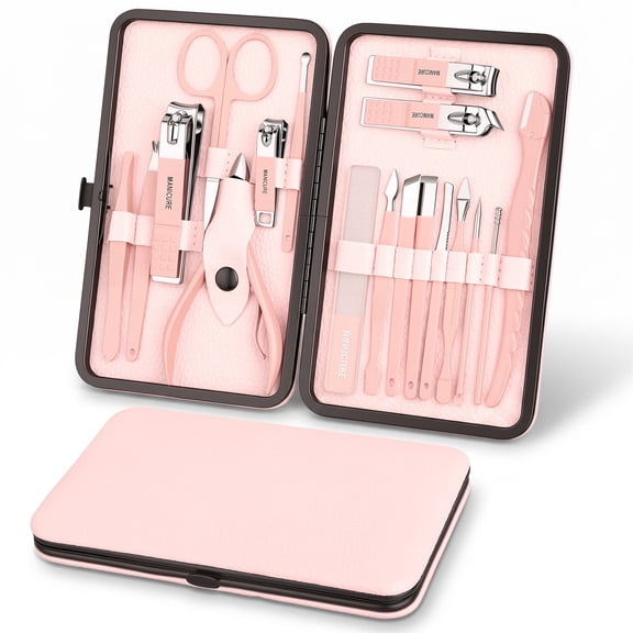 ILAVYO 18Pcs Manicure Set, Stainless Steel Nail Care Kit with Nail Clippers, Grooming Tools and Travel Case, Peach Pink