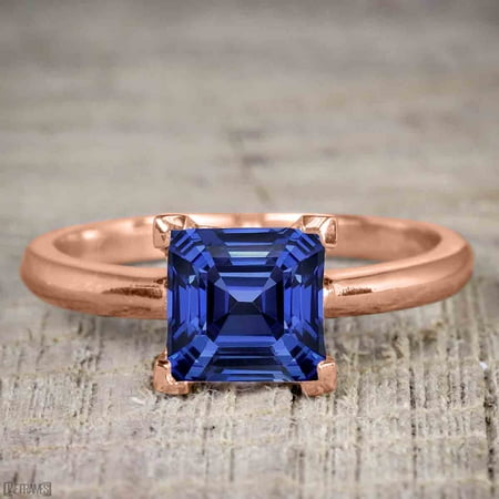 1 Carat Princess cut Real Sapphire Solitaire Engagement Ring in Silver with Rose Gold Plating