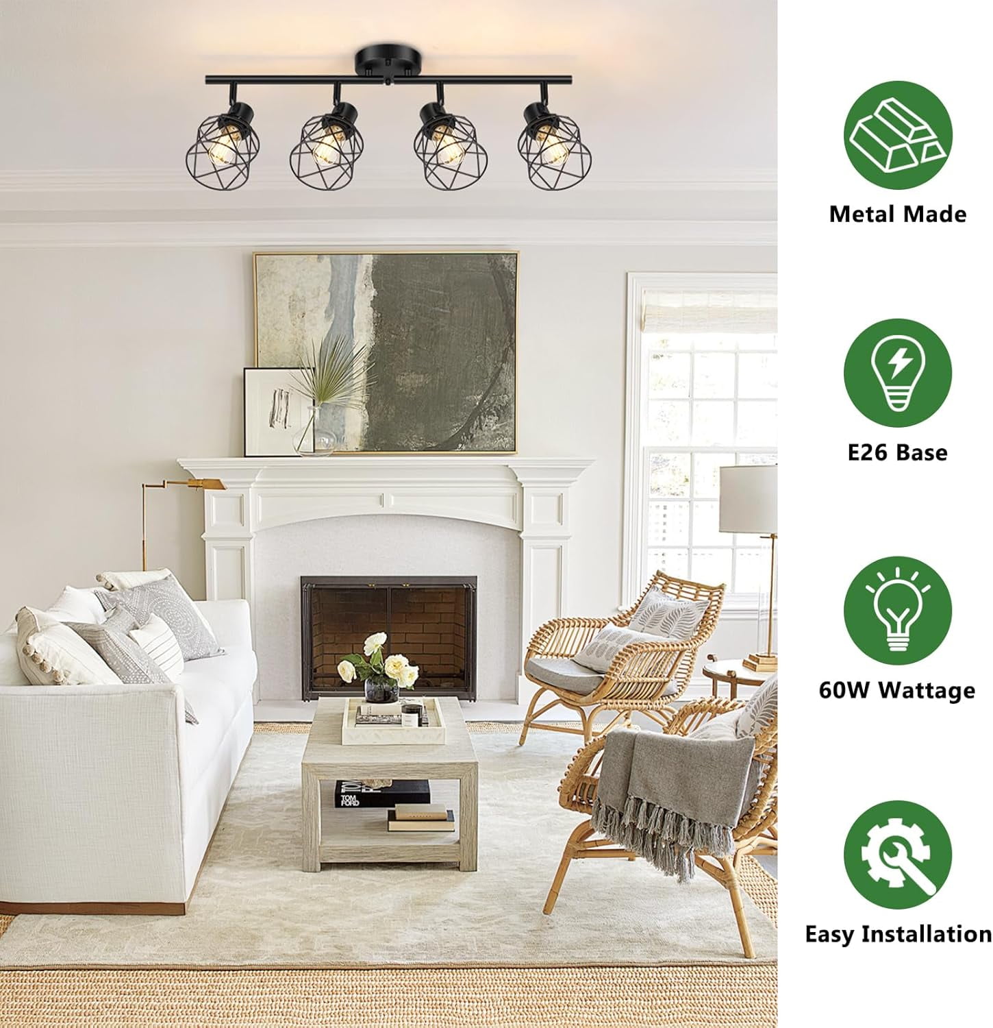 4 Light Flush Mount Ceiling Spot Light Fixture Track Lighting Fixtures Ceiling Black Flush Mount Ceiling Light with E26 Base Industrial Track Lighting for Kitchen, Living Room, Dining Room, Hallway