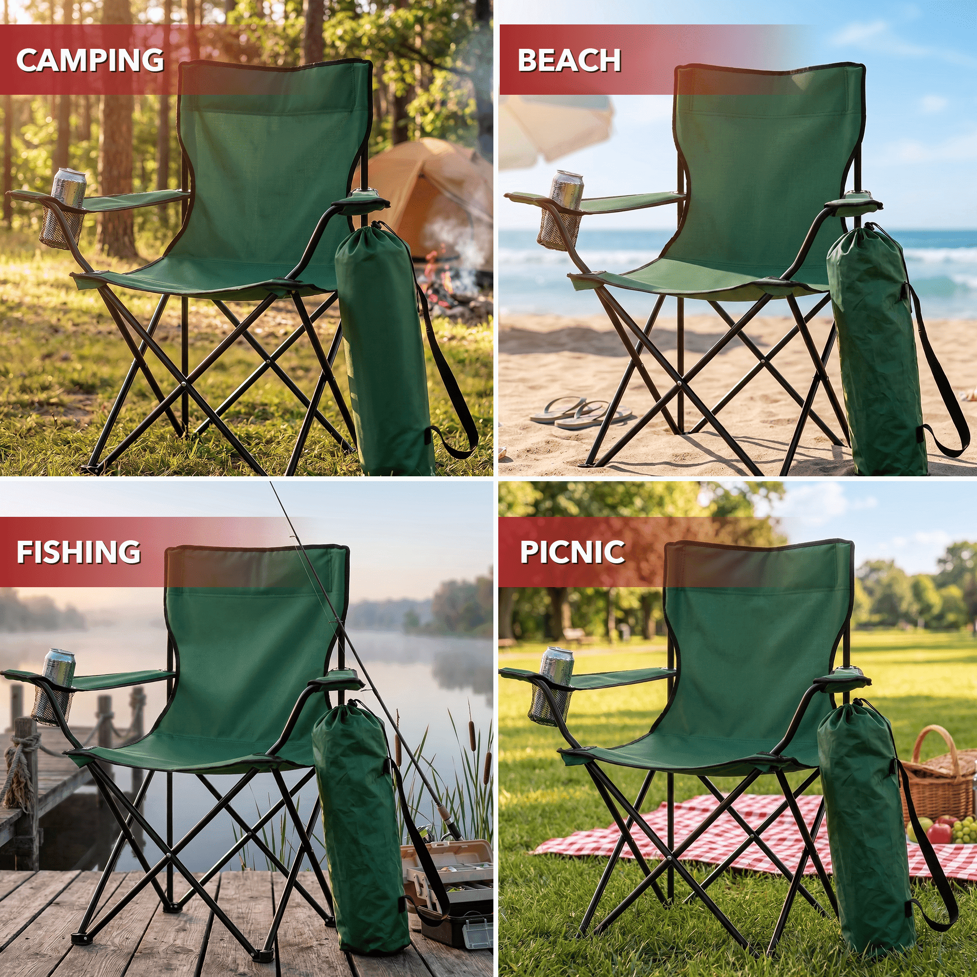 OVENTE Portable Camping Folding Chair with Heavy Duty Steel Frame, Arm Rest, Mesh Cup Holder and Carry Bag, Outdoor Foldable Seat Ideal for Fishing, Hiking, Travel, Picnic and Beach, Green CHR001G