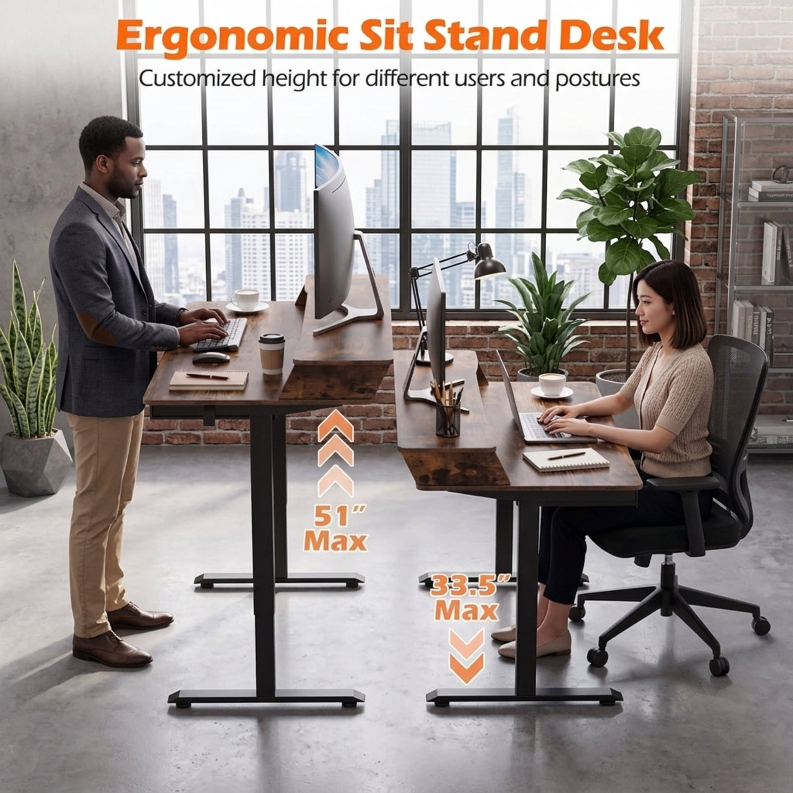 Furnibear 55 x 27 Inch Electric Standing Desk with 4 Drawers Monitor Stand Memory Presets and Cable Management for Home Office, Rustic Brown