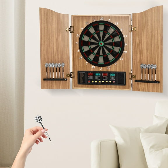 Electronic Dartboard Cabinet Set 4 LED Digital Scoreboards Dart Board with Cabinet Storage