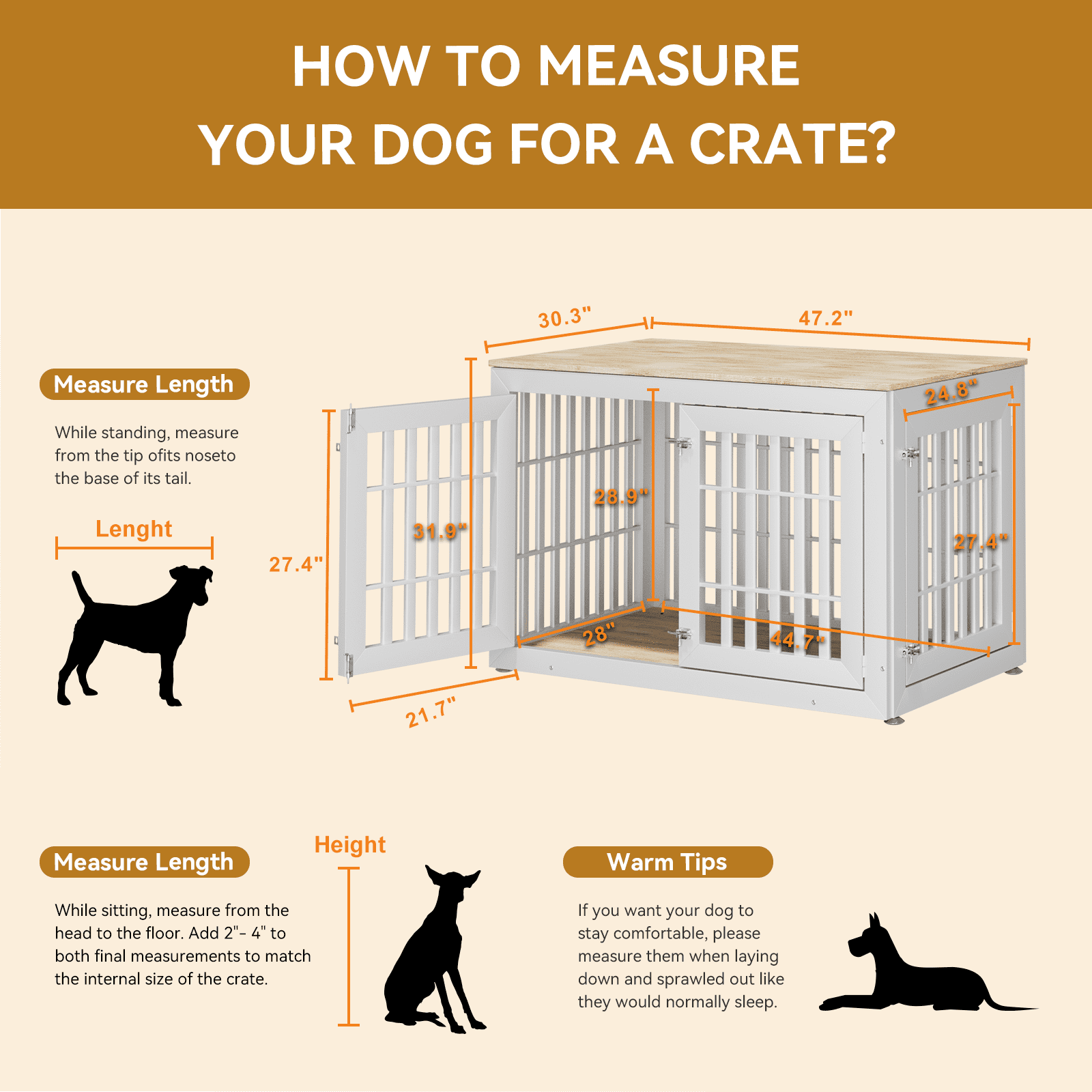 Snuowu 48" Heavy Duty Dog Crate Furniture for Small,Medium and Large Dogs,Rustic Wooden Dog Cage Kennel Indoor Furniture with Waterproof Top,Decorative Pet House Side End Table (White & Wood)