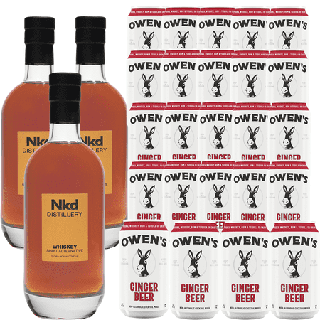 Nkd Distillery Whiskey Alternative Premium Non-Alcoholic Spirit 750 ML Bottles w Owen’s Mixers Ginger Beer 8.2 OZ Cans - Perfect for Mocktails - A