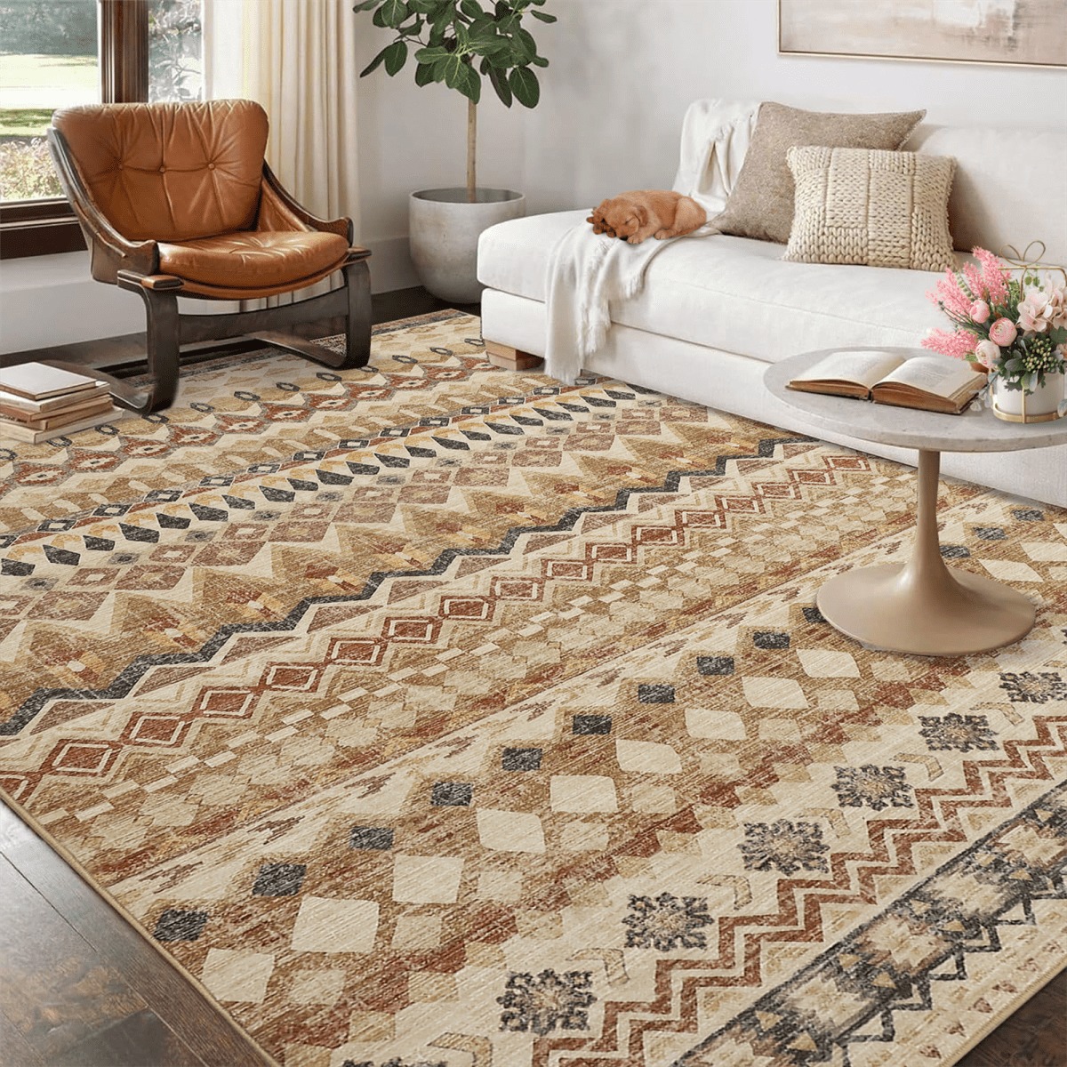 HOMERRY Area Rug 5' x 7' Rugs for Living Room Modern Washable Indoor Floral Print Carpet, Beige/Yellow