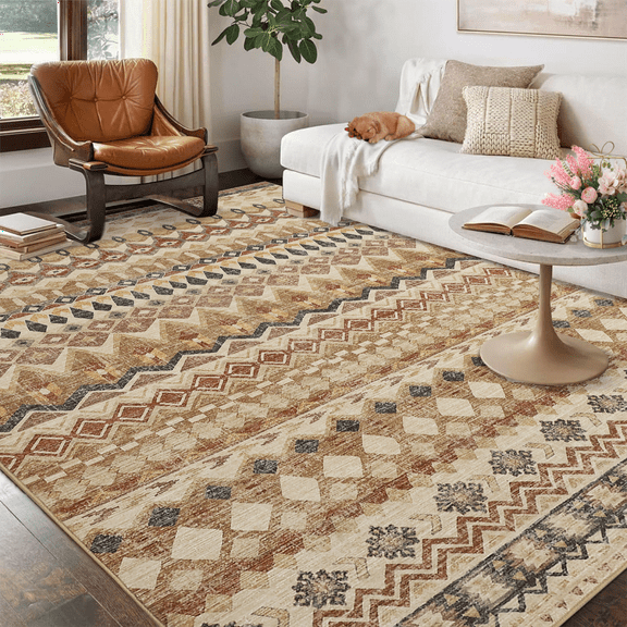 HOMERRY Floral Print Non Slip Area Rug 9' x 12' for Living Room Washable Indoor Carpet, Beige/Yellow