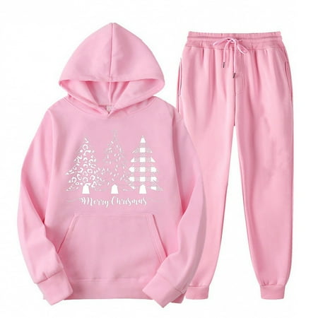 LMKIHUSA Womens Sets 2 Piece Outfits Unisex Tracksuit Christmas Print Autumn Winter Casual Jogger Sport Gym Pockets Sweatsuit Long Sleeve Hoodies and Sweatpant Set for Men Women Pink S