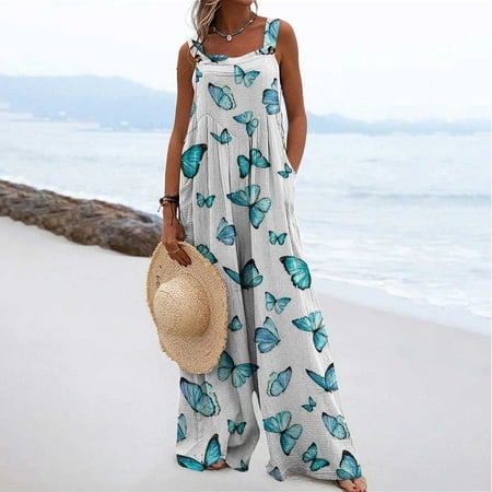 

Women Print Jumpsuit Pajamas Casual Buttons Pocket Sleeveless Wide Leg Long Pants