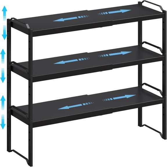 X-COSRACK 3-Pack Expandable Cabinet Organizer Shelves, 25.5" Stackable Kitchen Countertop Storage Rack, Heavy Duty Adjustable Cupboard & Pantry Shelf Riser, Black