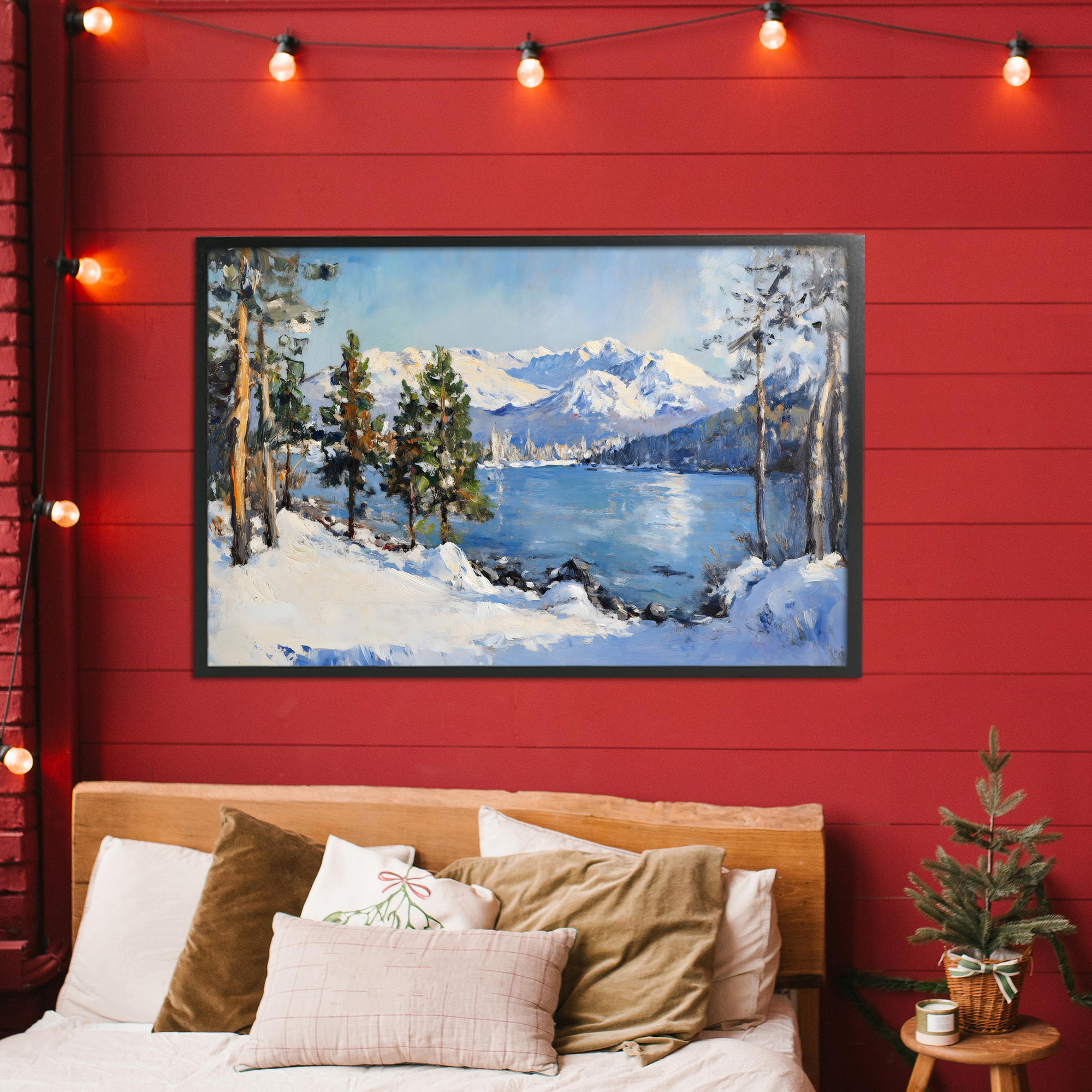 Winter Mountain Lake Black Framed Giclee Art, design by Petal Prints Design