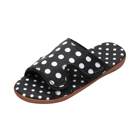 

Womens Adjustable House Slippers Polka Dot Open Toe Sandals Non Slip Comfortable Flats Slip On Casual Beach Shoes