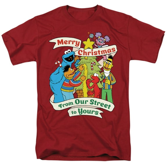 Sesame Street Vintage Merry Christmas Unisex Adult T Shirt, Cardinal, Small