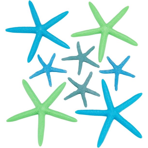 Set de 8 estrellas de mar de resina en 4 estilos diferentes, de 6 a 12 cm (2,4 a 4,7 pulgadas). Ideal para manualidades. Adornos de estrellas de mar en tonos verde y azul.