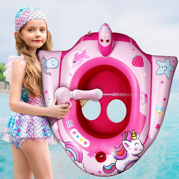 Beefunni Inflatable Swimming Pool Floats for Kids with Squirt Gun, Rideon Unicorn Space Boat