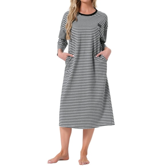 INSPIRE CHIC Womens Nightgown Cotton Stripe Long Sleeve Built in Bra Print Round Neck Winter Midi Sleepwear Nightdress L Gray